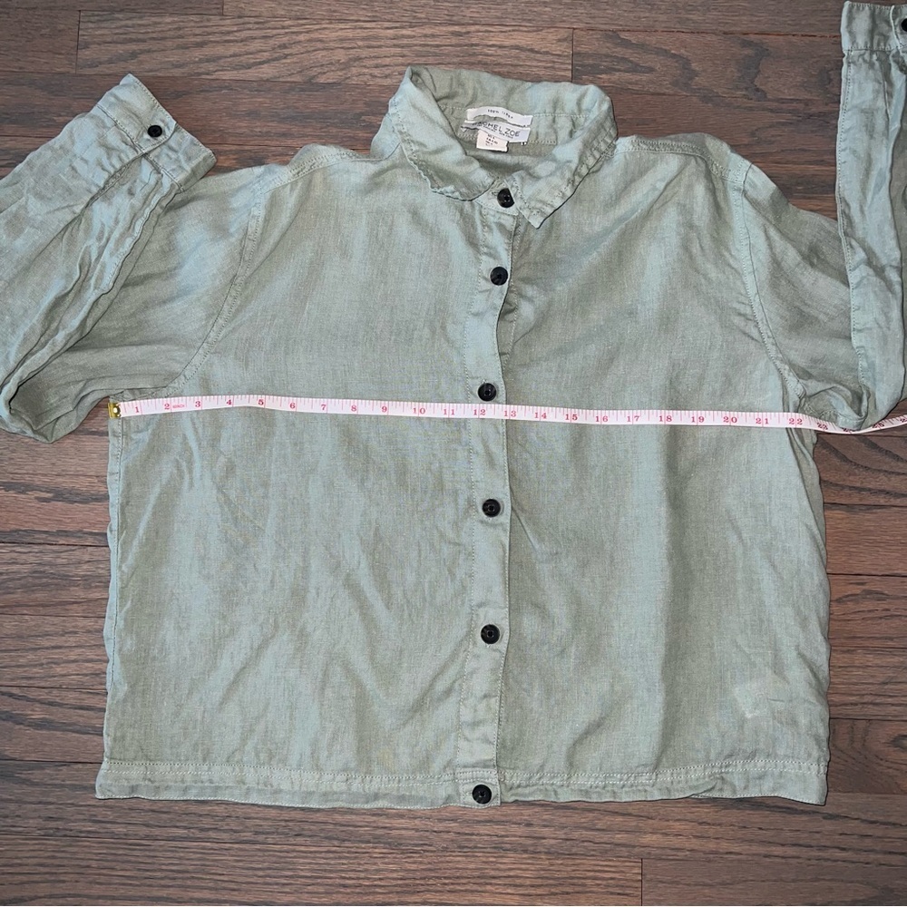 100% Linen Green Long Sleeve Button Down Shirt Fisherman Jacket Large Cabincore - Picture 6 of 7